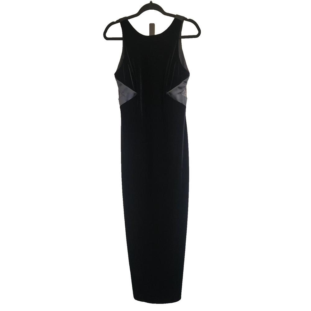 Vintage Y2K Black Velvet Sheer Back Maxi Dress Sz 9/10 Satin Trim Cocktail